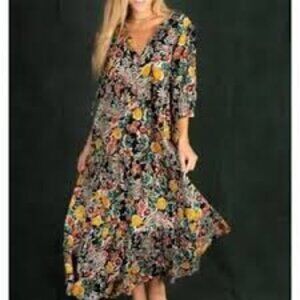 Natural Life Floral Print 3/4 Sleeve Maxi Dress Size L/XL V-neck Tiered Boho